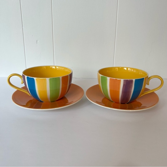 Vintage Hand Painted Cabana Stripes Cup & Saucer Set of 2 Canhome Thailand - Picture 7 of 11